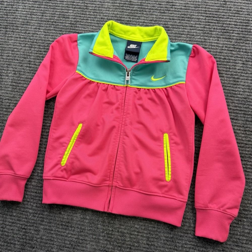 Nike Full Zip Collared Jacket Toddler‎ Girls Size 4 Pink Green Yellow Swoosh
